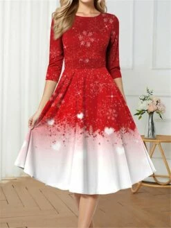Women's Retro 1950s Vintage Dress Midi Dress Christmas Daily Print Snowflake Crew Neck 3/4 Length Sleeve Slim Spring Fall 2023 Wine Blue S M L XL