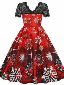 Women's Christmas Swing Dress Vintage DressKnee Length Dress Green Wine Dark Green Fuchsia Red Black Short Sleeve Santa Claus Snowman Snowflake Lace Print Fall Winter V Neck Vacation Vintage 2022 S -LIGHTINTHEBOX Shop nkkyla1665293368935