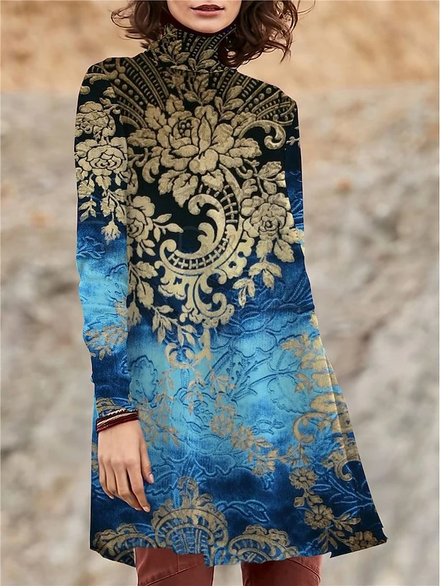 Women's Work Dress Casual Dress Swing Dress Fashion Winter Dress Daily Mini Dress Print Turtleneck Long Sleeve Floral Regular Fit Blue Green Fall Winter S M L XL XXL 3 Women's Work Dress Casual Dress Swing Dress Fashion Winter Dress Daily Mini Dress Print Turtleneck Long Sleeve Floral Regular Fit Blue Green Fall Winter S M L XL XXL