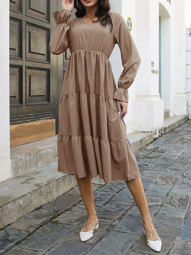 Women's Casual Dress Plain Dress Midi Dress Patchwork Outdoor Street Daily Active Fashion V Neck Long Sleeve 2023 Loose Fit Black Blue Khaki Color S M L XL XXL Size 3 Women's Casual Dress Plain Dress Midi Dress Patchwork Outdoor Street Daily Active Fashion V Neck Long Sleeve 2023 Loose Fit Black Blue Khaki Color S M L XL XXL Size