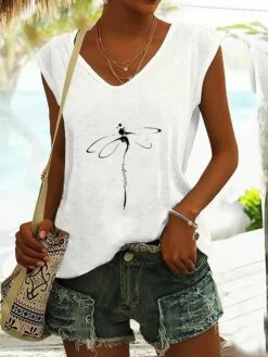 Women's Tank Top Black White Blue Animal Print Sleeveless Casual Basic V Neck Regular Fit