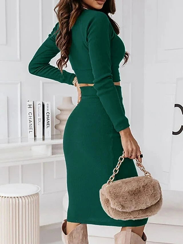 Women's Two Piece Dress Set Casual Dress Skirt Set Outdoor Daily Fashion Sexy Ribbed Midi Dress Crew Neck Long Sleeve Plain Regular Fit Black Wine Green Fall Winter S M L XL 12 Women's Two Piece Dress Set Casual Dress Skirt Set Outdoor Daily Fashion Sexy Ribbed Midi Dress Crew Neck Long Sleeve Plain Regular Fit Black Wine Green Fall Winter S M L XL - Image 10