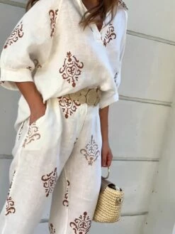 Women's Shirt Pants Sets White Graphic Print Long Sleeve Work Daily Fashion Shirt Collar Regular Fit Spring &Fall -LIGHTINTHEBOX Shop nlpvam1693384189221