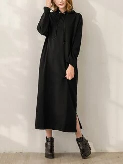 Women's Casual Dress Hoodie Dress Long Dress Maxi Dress Fashion Daily Outdoor Home Vacation Crew Neck Pocket Pure Color Pure Color Loose Fit Black Brown Army Green M L XL XXL -LIGHTINTHEBOX Shop nlucpo1693294401672