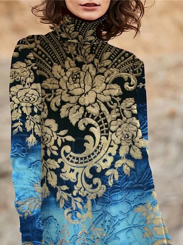 Women's Work Dress Casual Dress Swing Dress Fashion Winter Dress Daily Mini Dress Print Turtleneck Long Sleeve Floral Regular Fit Blue Green Fall Winter S M L XL XXL 4 Women's Work Dress Casual Dress Swing Dress Fashion Winter Dress Daily Mini Dress Print Turtleneck Long Sleeve Floral Regular Fit Blue Green Fall Winter S M L XL XXL - Image 2