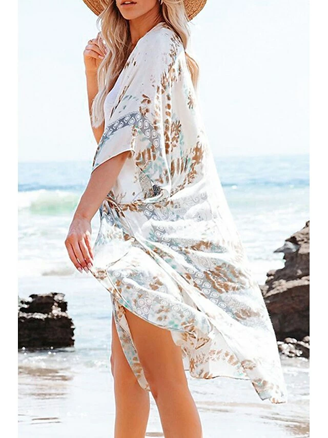 Women's Swimwear Cover Up Beach Top Normal Swimsuit UV Protection Printing Flower White Blue Green Bathing Suits New Vacation Stylish 4 Women's Swimwear Cover Up Beach Top Normal Swimsuit UV Protection Printing Flower White Blue Green Bathing Suits New Vacation Stylish - Image 2