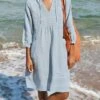 Women's Cotton Linen Dress Casual Dress Midi Dress Cotton Basic Classic Outdoor Daily Vacation V Neck Ruched Pocket 3/4 Length Sleeve Summer Spring Fall 2023 Regular Fit White Blue Green Plain S M L -LIGHTINTHEBOX Shop nndqsd1676270404535