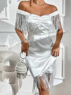 Women's Party Dress Fringe Dress Cocktail Dress Midi Dress White Half Sleeve Pure Color Tassel Fringe Summer Spring Fall Square Neck Fashion Vacation 2023 S M L XL -LIGHTINTHEBOX Shop nnggbl1692857476337