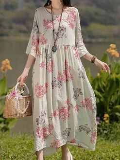 Women's Casual Dress Cotton Linen Dress Swing Dress Midi Dress Linen / Cotton Blend Sweet Style Modern Outdoor Daily Holiday Crew Neck Print 3/4 Length Sleeve Fall Winter Autumn 2023 Loose Fit Yellow -LIGHTINTHEBOX Shop nnmcom1693553161689