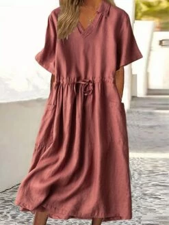 Women's Casual Dress Cotton Linen Dress A Line Dress Midi Dress Cotton Blend Basic Casual Outdoor Vacation Shirt Collar Pocket Short Sleeve Summer Spring 2023 Regular Fit Red Green Gray Plain M L XL -LIGHTINTHEBOX Shop nnwdyi1682673458385