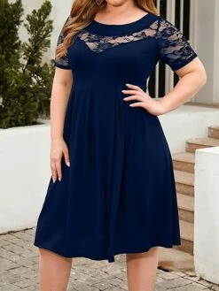 Women's Plus Size Curve Party Dress Lace Dress Semi Formal Dress Solid Color Midi Dress Short Sleeve Lace Crew Neck Fashion Party ArmyGreen Black Fall Winter XL XXL 3XL 4XL -LIGHTINTHEBOX Shop nonazp1695813610571