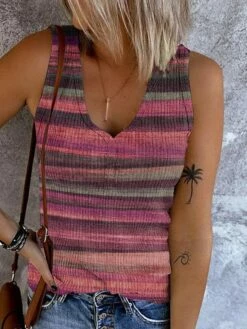 Women's Tank Top Going Out Tops Pink Blue Purple Striped Button Print Sleeveless Casual Basic V Neck Regular Fit -LIGHTINTHEBOX Shop noywka1683612009544