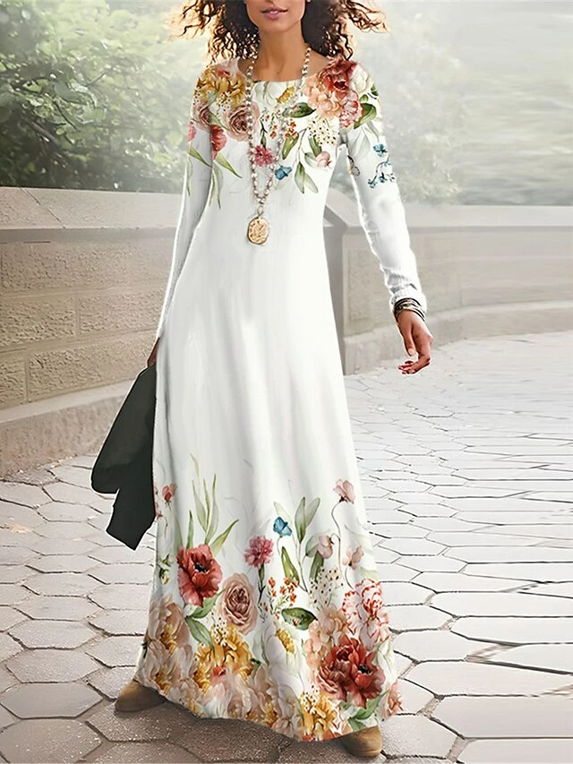 Women's T Shirt Dress Casual Dress Winter Dress Floral Print Crew Neck Long Dress Maxi Dress Fashion Streetwear Outdoor Street Long Sleeve Regular Fit White Yellow Red Spring Fall S M L XL XXL 8 Women's T Shirt Dress Casual Dress Winter Dress Floral Print Crew Neck Long Dress Maxi Dress Fashion Streetwear Outdoor Street Long Sleeve Regular Fit White Yellow Red Spring Fall S M L XL XXL - Image 6