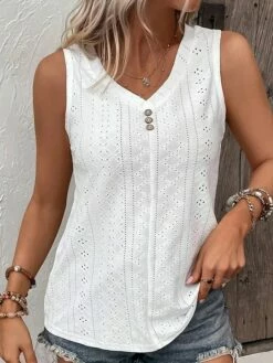 Women's Tank Top Black White Yellow Plain Button Sleeveless Casual Basic V Neck Regular Fit