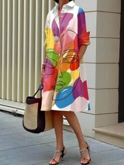 Women's Shirt Dress Casual Dress Midi Dress Office Daily Vacation Polyester Fashion Elegant Shirt Collar Print Long Sleeve Summer Spring Fall 2023 Loose Fit White Graffiti S M L XL