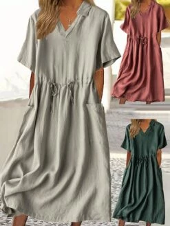 Women's Casual Dress Cotton Linen Dress A Line Dress Midi Dress Cotton Blend Basic Casual Outdoor Vacation Shirt Collar Pocket Short Sleeve Summer Spring 2023 Regular Fit Red Green Gray Plain M L XL