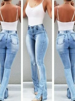 Women‘s Flare Jeans Pants Trousers Full Length Denim Split High Elasticity High Waist Fashion Casual Office Vacation Light Blue Bule S M Autumn / Fall