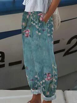 Women's Linen Pants Baggy Straight Long Baggy Print Micro-elastic Mid Waist Daily Wear Red Green S M All Seasons