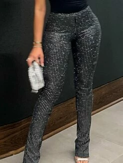 Women's Slim Pants Trousers Black High Waist Fashion Streetwear Party Street Daily Micro-elastic Full Length Breathability Striped S M L