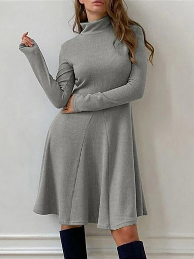 Women's Casual Dress Plain Dress Midi Dress Patchwork Outdoor Street Daily Fashion Streetwear Stand Collar Long Sleeve 2023 Slim Black Khaki Gray Color S M L XL XXL Size 9 Women's Casual Dress Plain Dress Midi Dress Patchwork Outdoor Street Daily Fashion Streetwear Stand Collar Long Sleeve 2023 Slim Black Khaki Gray Color S M L XL XXL Size - Image 7