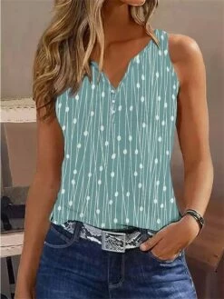 Women's Tank Top Red Green Graphic Striped Button Print Sleeveless Casual Basic V Neck Regular Fit