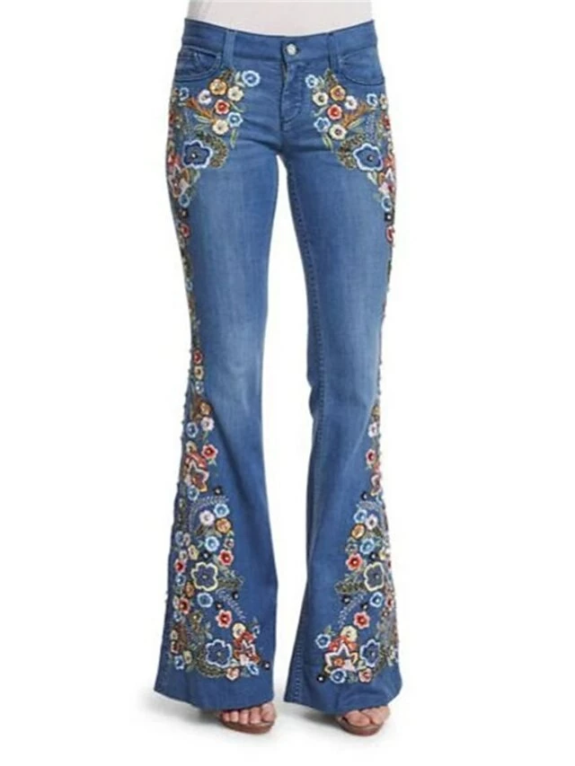 Women's Jeans Bootcut Bell Bottom Full Length Denim Embroidered Micro-elastic Mid Waist Fashion Streetwear Street Daily Dark Blue LightBlue S M Fall Winter 6 Women's Jeans Bootcut Bell Bottom Full Length Denim Embroidered Micro-elastic Mid Waist Fashion Streetwear Street Daily Dark Blue LightBlue S M Fall Winter - Image 4