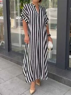 Women's Long Dress Maxi Dress Casual Dress Summer Dress Print Dress Graphic Leaf Striped Fashion Streetwear Outdoor Daily Vacation Split Print Short Sleeve V Neck Dress Loose Fit Black White Red -LIGHTINTHEBOX Shop ntyamv1681107703455