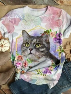 Women's T Shirt Tee White Yellow Pink Cat 3D Print Short Sleeve Daily Weekend Basic Round Neck Regular Fit 3D Cat Painting -LIGHTINTHEBOX Shop nuesrq1675237468628