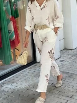 Women's Shirt Pants Sets White Graphic Print Long Sleeve Work Daily Fashion Shirt Collar Regular Fit Spring &Fall -LIGHTINTHEBOX Shop nwmyds1693384184244