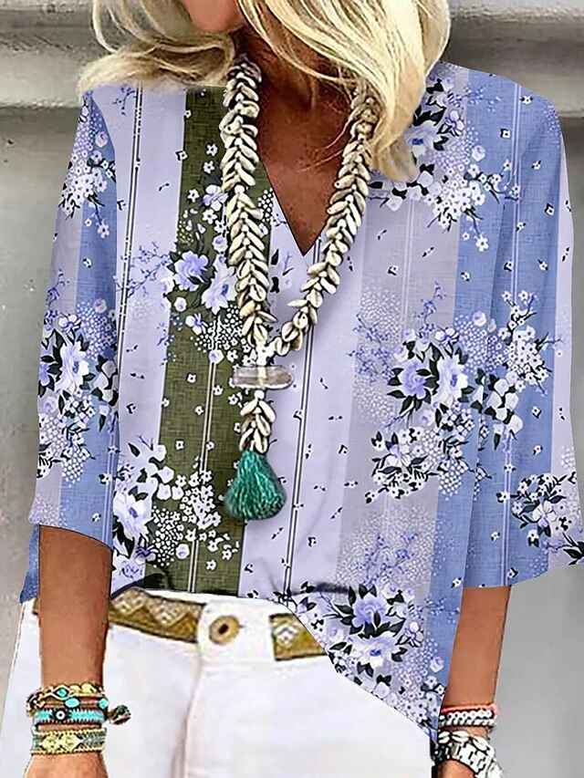 Women's Shirt Blouse Pink Red Blue Floral Print Half Sleeve Casual Holiday Basic V Neck Regular Fit Floral 3 Women's Shirt Blouse Pink Red Blue Floral Print Half Sleeve Casual Holiday Basic V Neck Regular Fit Floral - Image 2