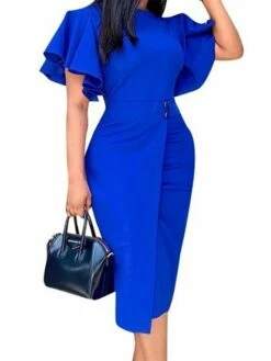 Women's Party Dress Shift Dress Green Dress Midi Dress Wine Blue Purple Short Sleeve Pure Color Ruffle Summer Spring Crew Neck Stylish Slim 2023 S M L XL XXL 3XL -LIGHTINTHEBOX Shop nxiymq1646992291519