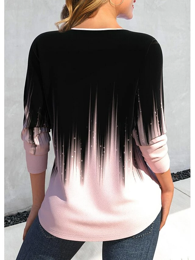 Women's T Shirt Tee Black Color Gradient Print Long Sleeve Daily Weekend Fashion V Neck Regular Fit Painting Spring &Fall 5 Women's T Shirt Tee Black Color Gradient Print Long Sleeve Daily Weekend Fashion V Neck Regular Fit Painting Spring &Fall - Image 3