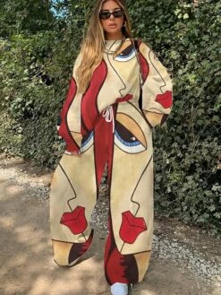 Women's Sweatshirt Pants Sets White Yellow Beige Printing Long Sleeve Daily Vacation Active Streetwear Crew Neck Loose Fit Fall & Winter -LIGHTINTHEBOX Shop nyrgsn1634379337685