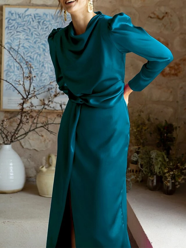 Women's Work Dress Satin Dress Semi Formal Dress Fashion Long Dress Maxi Dress Split Stand Collar Long Sleeve Plain Regular Fit Black Blue Sky Blue Fall Winter S M L XL 21 Women's Work Dress Satin Dress Semi Formal Dress Fashion Long Dress Maxi Dress Split Stand Collar Long Sleeve Plain Regular Fit Black Blue Sky Blue Fall Winter S M L XL - Image 19
