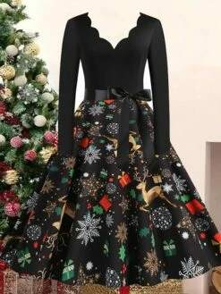 Women's Christmas Casual Dress Swing Dress Vintage Dress Midi Dress Black Wine Orange Long Sleeve Animal Bow Winter Fall Autumn V Neck 2022 S M L XL XXL 3XL