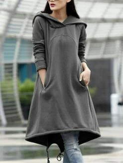 Women's Casual Dress Hoodie Dress Winter Dress Midi Dress Pocket Outdoor Street Daily Fashion Streetwear Hooded Long Sleeve 2023 Loose Fit Black Army Green Gray Color S M L XL XXL Size -LIGHTINTHEBOX Shop nzydnc1694510140156