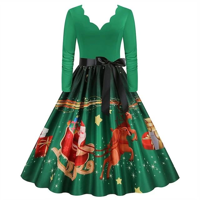 Women's Christmas Party Dress Swing DressKnee Length Dress Green Wine Dark Green Red Black Long Sleeve Santa Claus Elk Snowman Print Fall Winter V Neck Vintage Party Elegant Party 2022 S M L XL XXL 7 Women's Christmas Party Dress Swing DressKnee Length Dress Green Wine Dark Green Red Black Long Sleeve Santa Claus Elk Snowman Print Fall Winter V Neck Vintage Party Elegant Party 2022 S M L XL XXL - Image 5