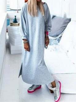 Women's Casual Dress Sweatshirt Dress Winter Dress Long Dress Maxi Dress Split Outdoor Street Daily Active Fashion Crew Neck Long Sleeve 2023 Loose Fit Gray Color S M L XL Size -LIGHTINTHEBOX Shop oaqoxc1695292952836