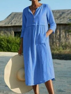 Women's Cotton Linen Dress Shift Dress A Line Dress Maxi Long Dress Linen Cotton Blend Hot Casual Daily Vacation Shirt Collar Pocket 3/4 Length Sleeve Summer Spring Linen Loose Fit Black Pink Wine -LIGHTINTHEBOX Shop oayssz1651197999540