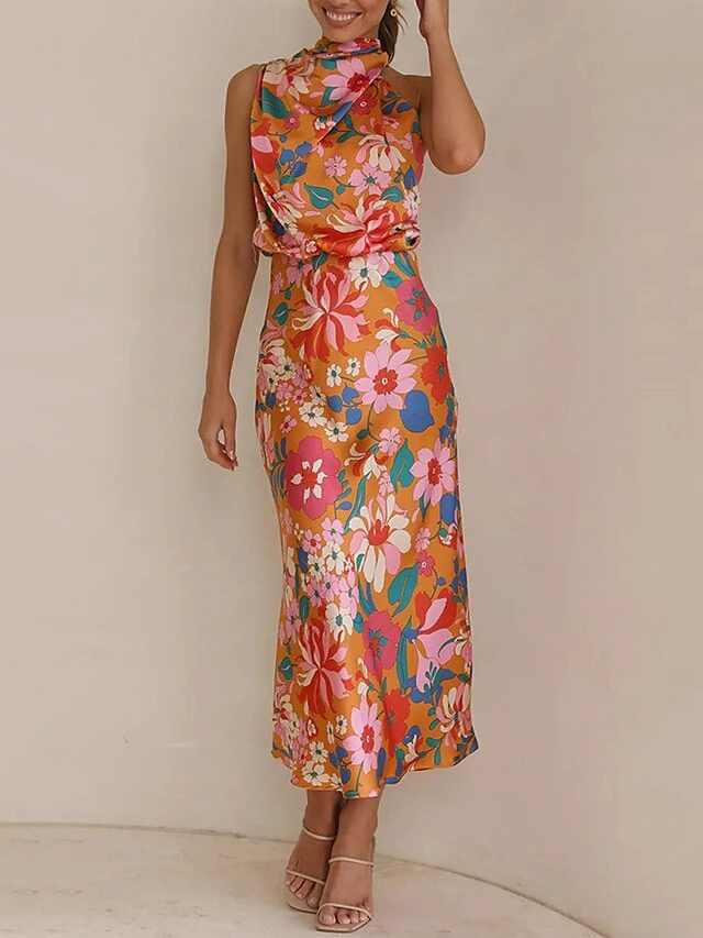 Women's Prom Dress Party Dress Satin Dress Long Dress Maxi Dress White Blue Orange Sleeveless Floral Ruched Fall Winter Autumn Halter Neck Fashion Evening Party Vacation 2023 S M L XL 5 Women's Prom Dress Party Dress Satin Dress Long Dress Maxi Dress White Blue Orange Sleeveless Floral Ruched Fall Winter Autumn Halter Neck Fashion Evening Party Vacation 2023 S M L XL - Image 3