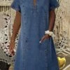 Women‘s Denim Dress Shirt Dress Casual Dress Midi Dress Denim Sexy Casual Daily Vacation Split Neck Ruched Pocket Short Sleeve Summer Spring 2023 Regular Fit Blue Pure Color S M L XL XXL