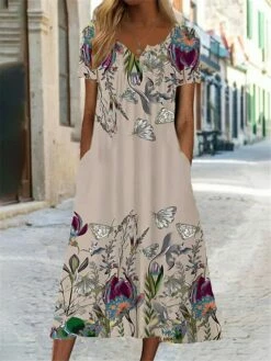 Women's Casual Dress Summer Dress Print Dress Leaf Floral Button Pocket Split Neck Midi Dress Fashion Streetwear Outdoor Daily Short Sleeve Loose Fit Yellow Blue Green Summer Spring S M L XL XXL -LIGHTINTHEBOX Shop obrnyg1687337051557