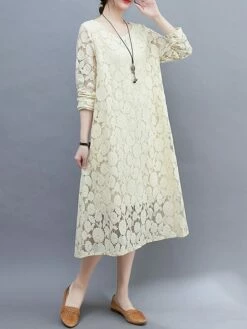 Women's Work Dress Lace Dress Black Dress Fashion Midi Dress Lace Pocket Crew Neck Long Sleeve Plain Loose Fit Black White Pink Fall M L XL XXL 3XL -LIGHTINTHEBOX Shop obwjsh1693281261861