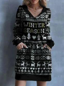 Women's Casual Dress Sweatshirt Dress Mini Dress Warm Fashion Christmas Vacation Going Out Hoodie Pocket Print Graphic Deer Loose Fit Black S M L XL XXL