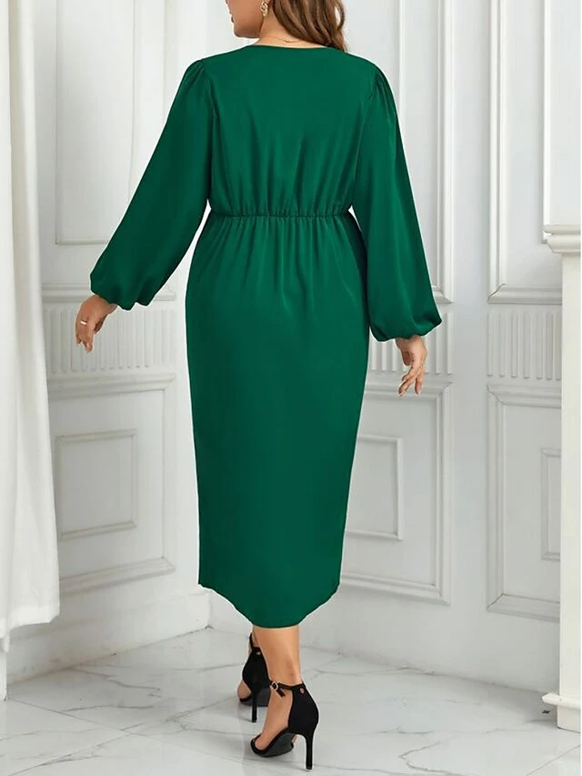 Women's Plus Size Curve Party Dress Casual Dress Sheath Dress Plain Midi Dress Long Sleeve Ruched V Neck Fashion Outdoor Green Fall Winter XL XXL 3XL 4XL 4 Women's Plus Size Curve Party Dress Casual Dress Sheath Dress Plain Midi Dress Long Sleeve Ruched V Neck Fashion Outdoor Green Fall Winter XL XXL 3XL 4XL - Image 2