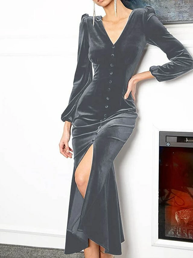 Women‘s Christmas Party Dress Velvet Dress Wedding Guest Dress Midi Dress Black Pink Wine Long Sleeve Pure Color Button Spring Fall Winter V Neck Fashion Winter Dress Office Evening Party 2023 7 Women‘s Christmas Party Dress Velvet Dress Wedding Guest Dress Midi Dress Black Pink Wine Long Sleeve Pure Color Button Spring Fall Winter V Neck Fashion Winter Dress Office Evening Party 2023 - Image 5