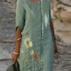 Women's Cotton Linen Dress Casual Dress Shift Dress Midi Dress Cotton Blend Fashion Casual Outdoor Daily Crew Neck Button Print Half Sleeve Summer Spring Fall 2023 Regular Fit Green Floral S M L XL -LIGHTINTHEBOX Shop oddrba1681380594682