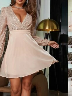 Women‘s Party Dress Homecoming Dress Cocktail Dress Mini Dress Black White Wine Long Sleeve Floral Sequins Sparkly Glitter Spring Fall Winter V Neck Fashion Wedding Guest Birthday Vacation Slim