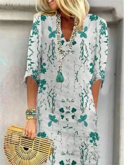 Women's Casual Dress Shift Dress Summer Dress Leaf Floral Print Split Neck Midi Dress Active Fashion Outdoor Daily Half Sleeve Regular Fit Yellow Wine Blue Summer Spring S M L XL XXL -LIGHTINTHEBOX Shop oegbwm1687678624856