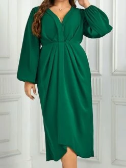 Women's Plus Size Curve Party Dress Casual Dress Sheath Dress Plain Midi Dress Long Sleeve Ruched V Neck Fashion Outdoor Green Fall Winter XL XXL 3XL 4XL